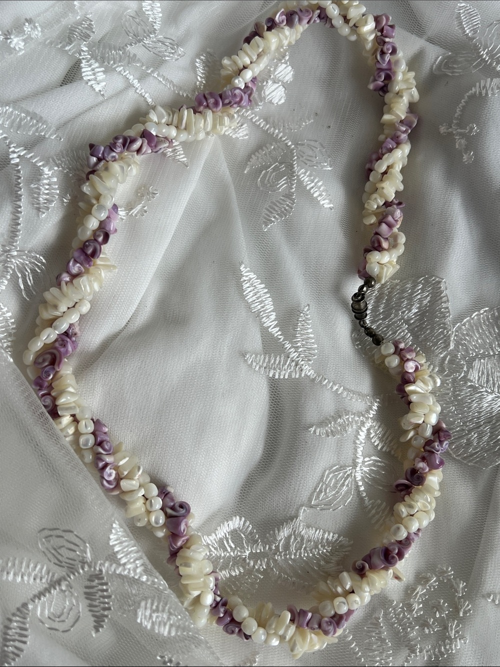 Handcrafted Cream and Lilac Shell Twist Necklace